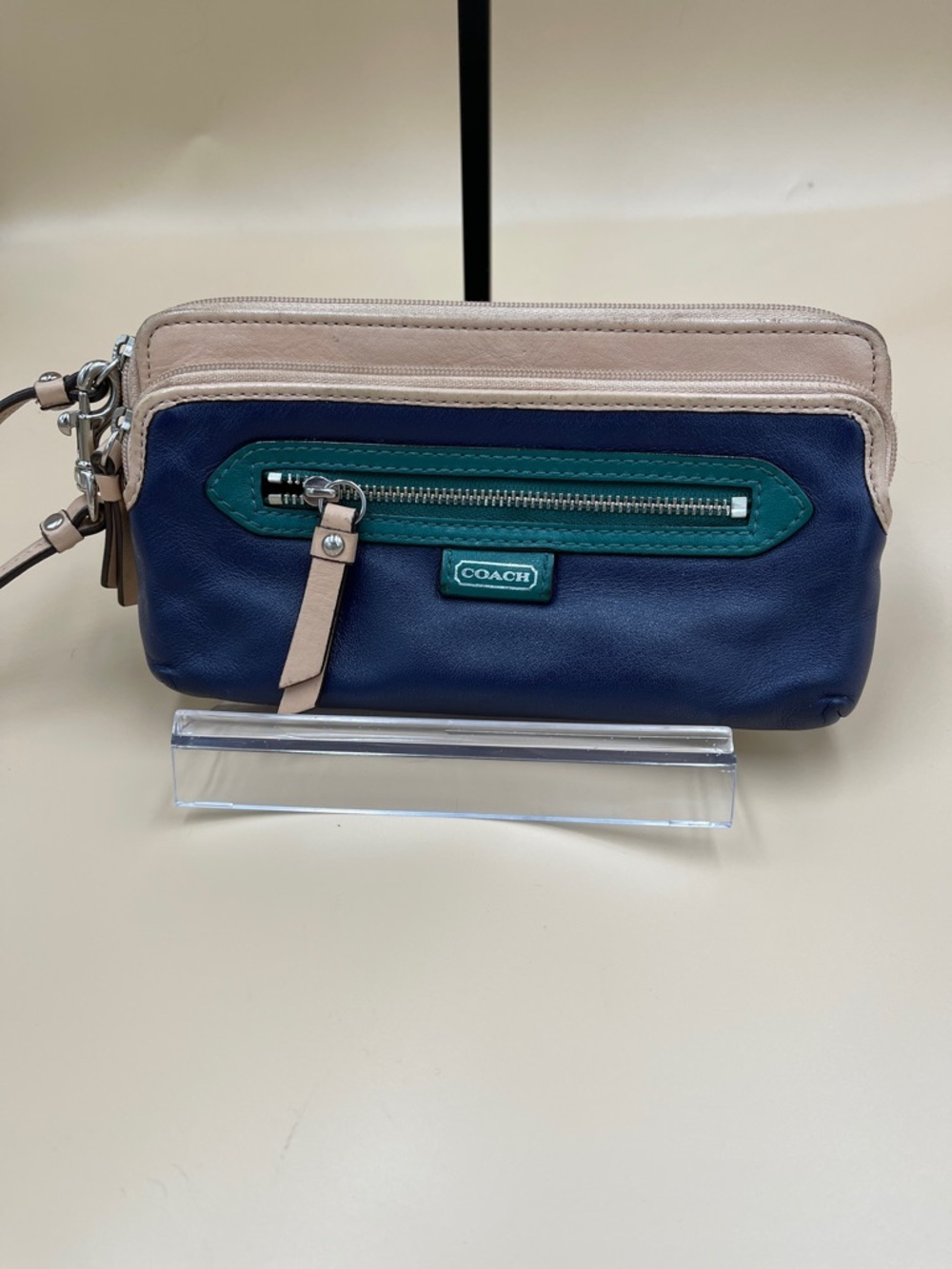 Coach Daisy Navy Teal and Beige Colorful Leather Zip Wristlet Wallet